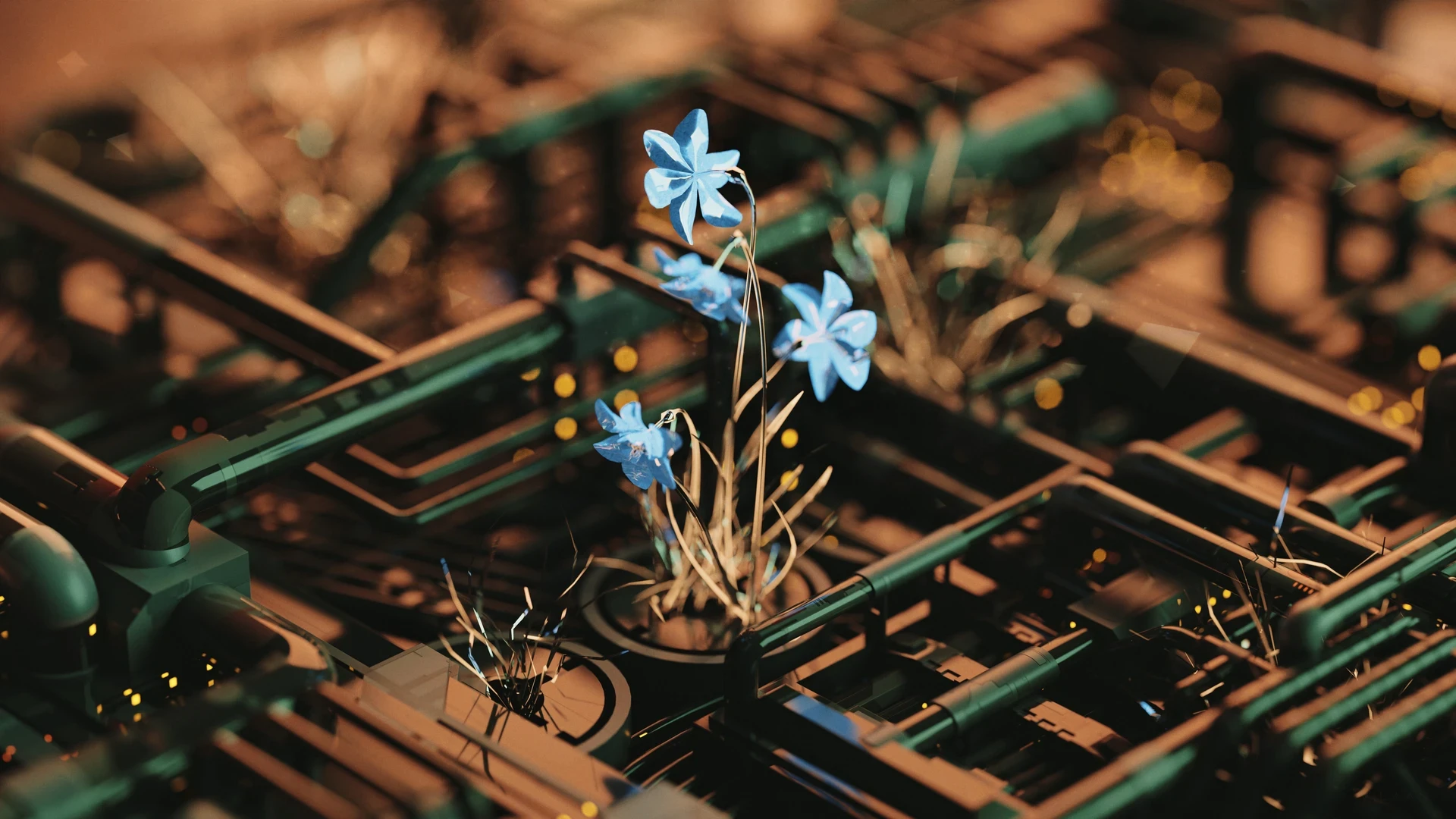 Flower, motherboard, pipes, CPU, GPU, PCB, chrome, technology, future