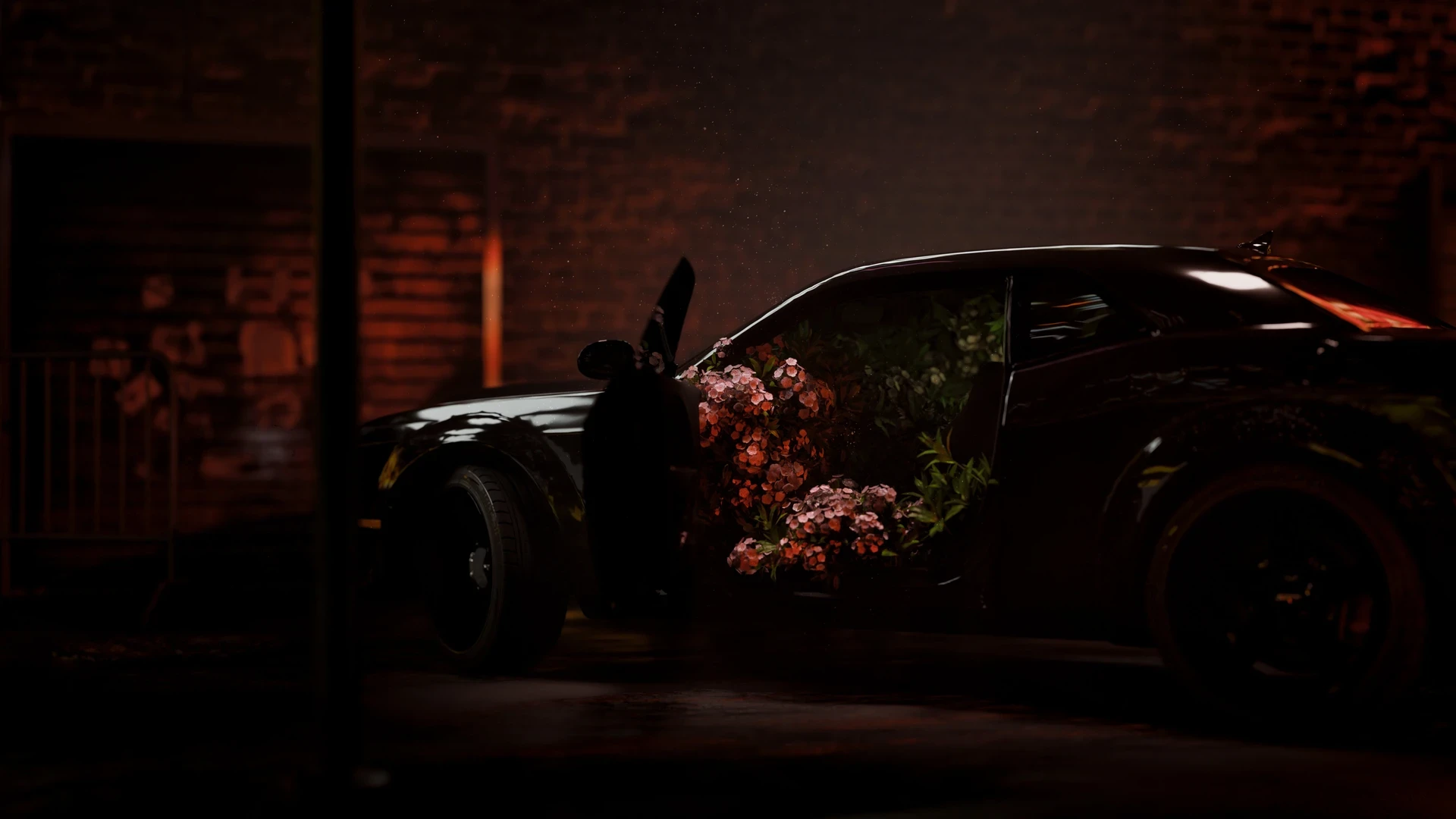 Hellcat, alley, dark , midnight, render, 3D, botany, car, Dodge