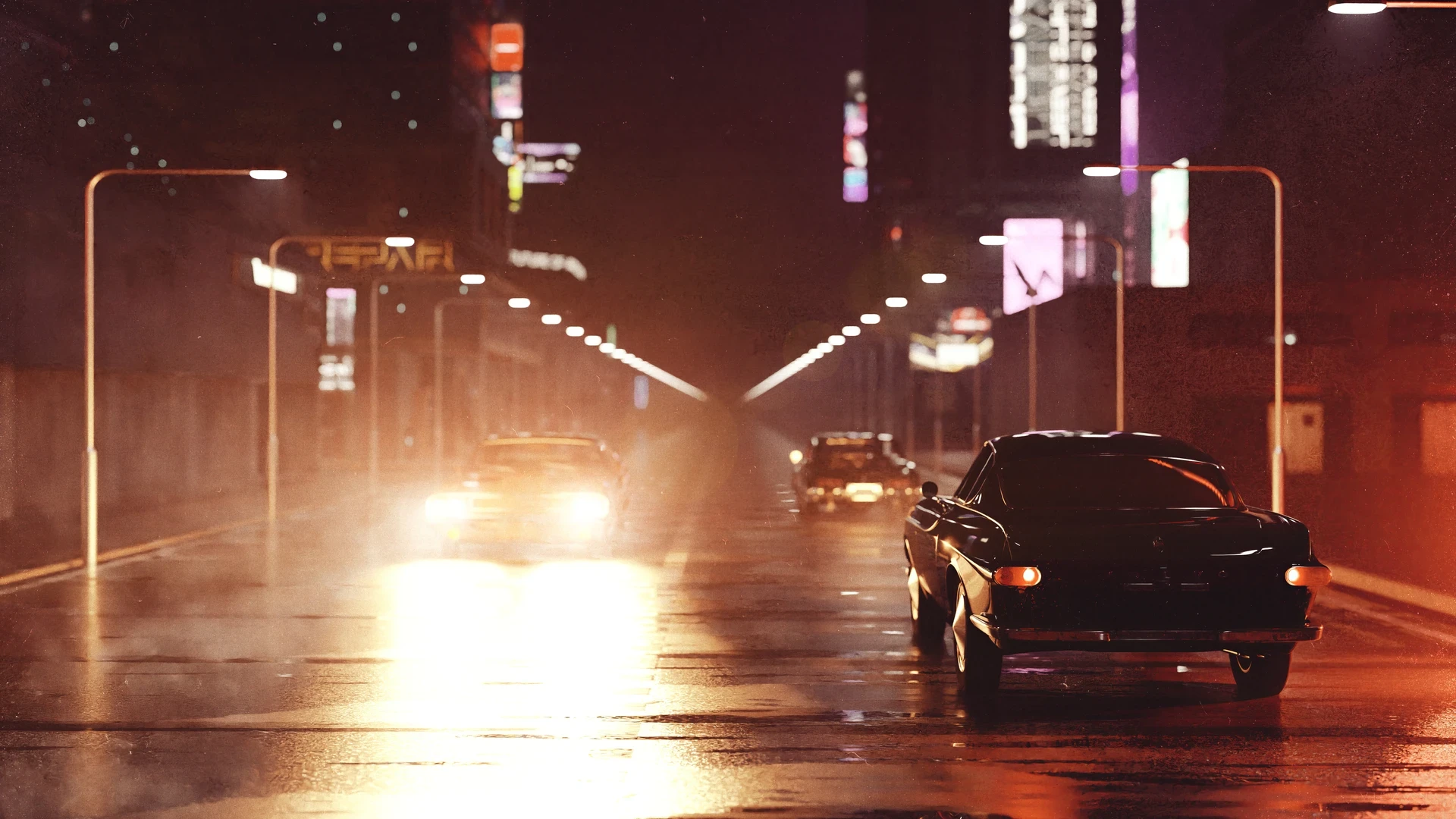 Night, cars, street, high beams, bad drivers, wet asphalt, concrete, urban jungle, city